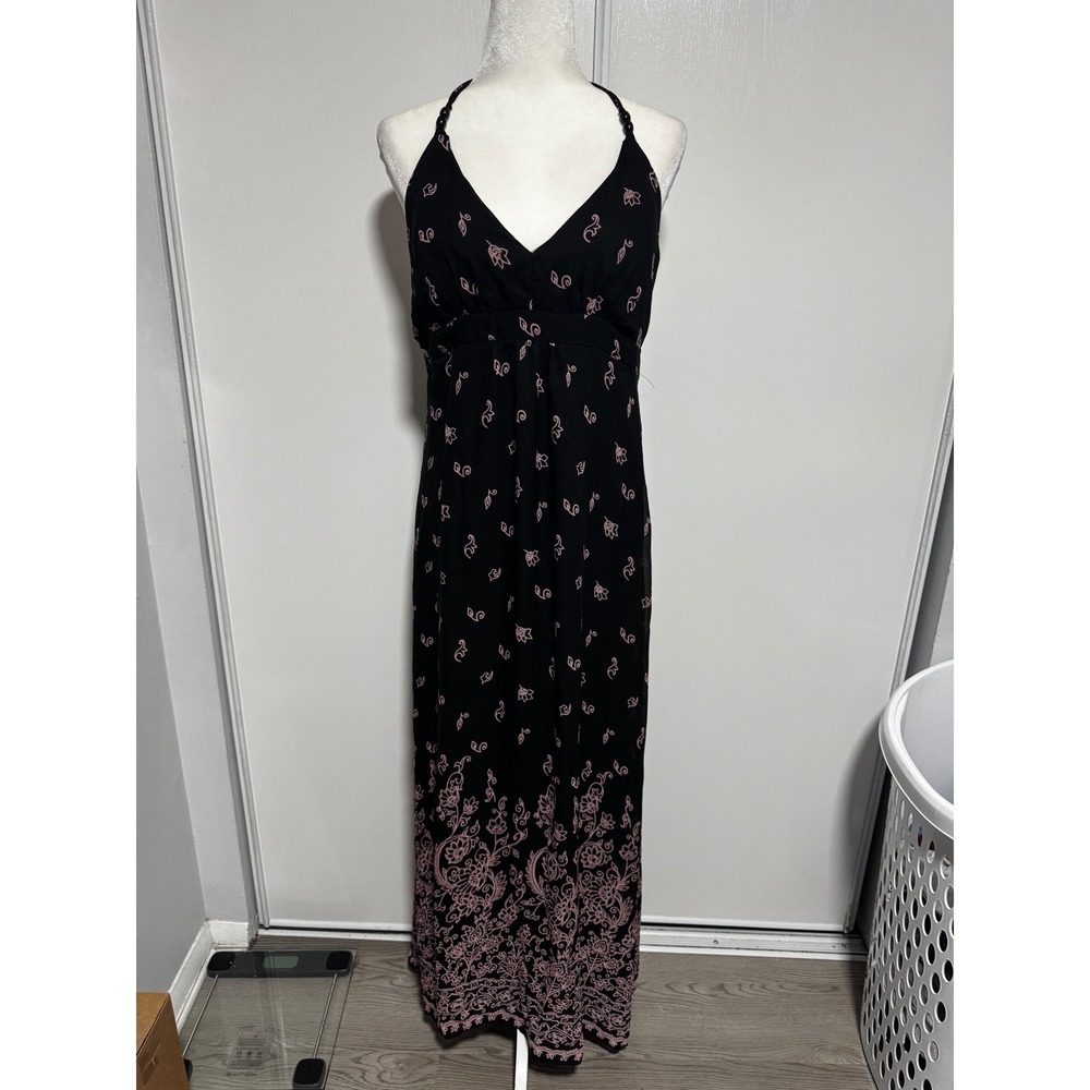 Vintage Scarlett Black Pink Paisley Halter Maxi Dress Beaded Strap Waist Size 14